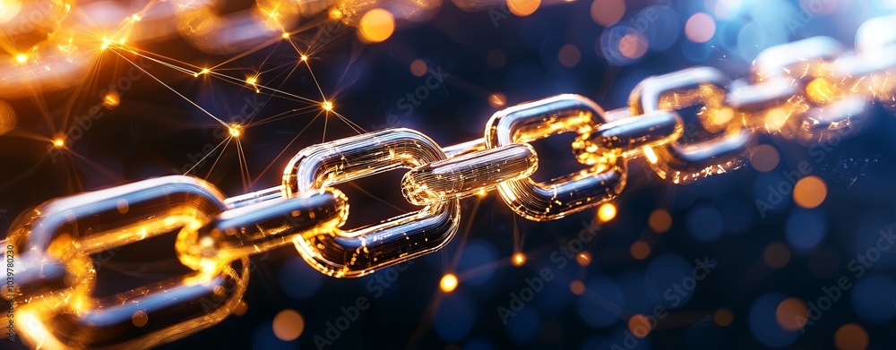 Close-up of a shiny metal chain linked together, sparkling against a dark background, representing strength and connection in technology. Close-up of a shiny metal chain linked together, sparkling against a dark background, representing strength and connection in technology.