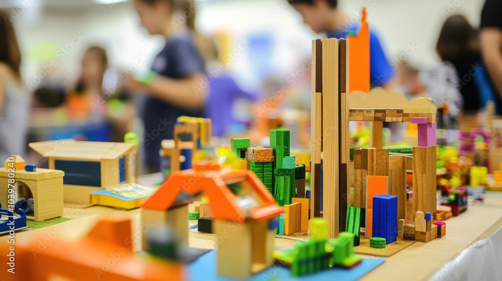 An educational maker fair with students showcasing innovative projects made from recycled materials and blocks, Blocks used in creative recycling projects, Environmental education style An educational maker fair with students showcasing innovative projects made from recycled materials and blocks, Blocks used in creative recycling projects, Environmental education style