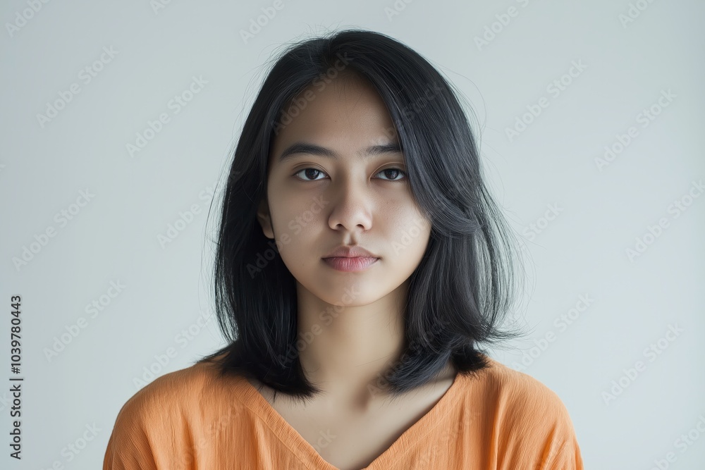 Young woman posing and making eye contact with a neutral expression Young woman posing and making eye contact with a neutral expression