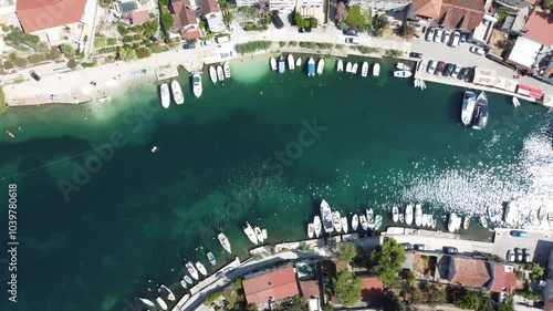 Wallpaper Mural Aerial view of boats and luxury yachts, buildings at summer sunrise. Torontodigital.ca
