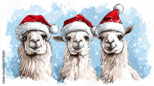 Festive Llamas Wearing Santa Hats in Snowy Wonderland

