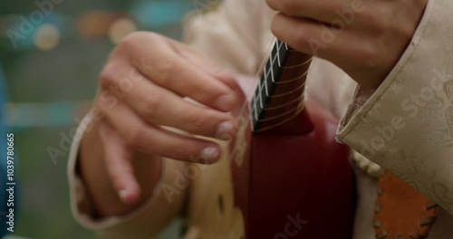 Man playing local Altay's musical string instrument on the green field. Close up shot.