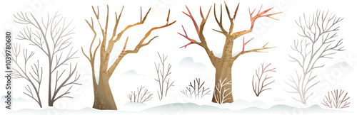 Winter nature landscape elements collection. Hand drawn trees, branches and bushes covered with snow and snowdrifts. Isolated vector graphic clipart elements for Christmas or New Year.