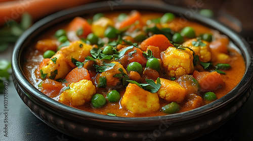 Mix vegetable curry Indian main course recipe contains Carrots cauliflower green peas and beans baby corn capsicum and paneercottage cheese with traditional masala and curry selective photo