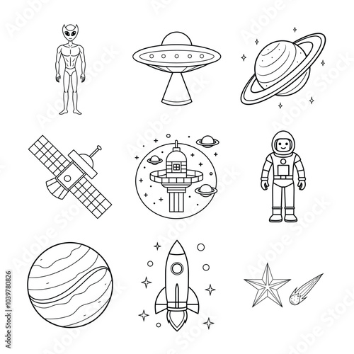 Space Adventure Coloring Page Line Art Bundle with Astronauts, Planets, Rockets, and More