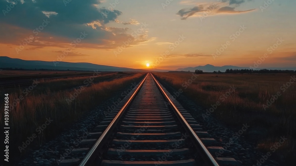 Railroad tracks extending to horizon nature and sunset backdrop Railroad tracks extending to horizon nature and sunset backdrop