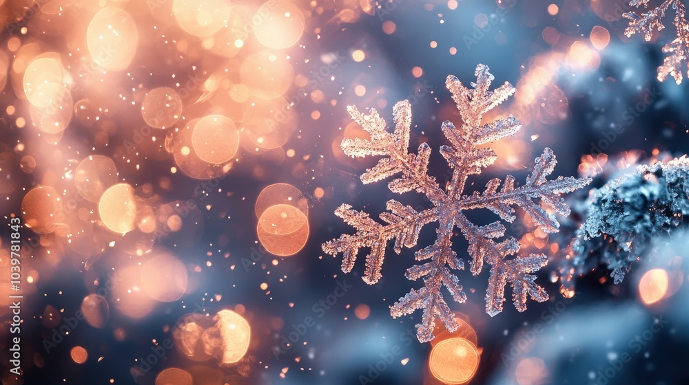 Sparkling Snowflake with Warm Bokeh Lights Winter Wonderland Background Sparkling Snowflake with Warm Bokeh Lights Winter Wonderland Background