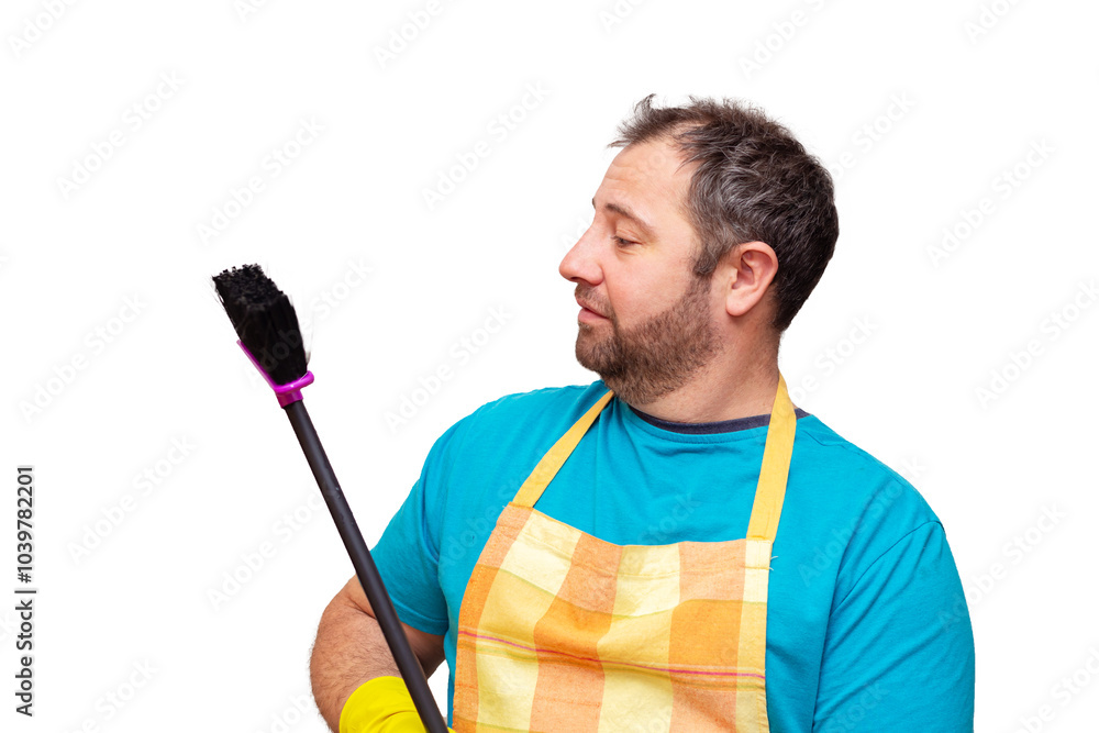 Funny bearded man in an apron with a mop. Funny bearded man in an apron with a mop.