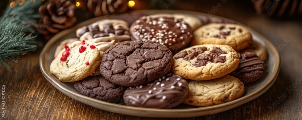 Delicious homemade holiday cookies arranged beautifully on a neutral plate surrounded by a cozy and warm setting with soft lighting and earthy tones creating a festive and inviting atmosphere Delicious homemade holiday cookies arranged beautifully on a neutral plate surrounded by a cozy and warm setting with soft lighting and earthy tones creating a festive and inviting atmosphere
