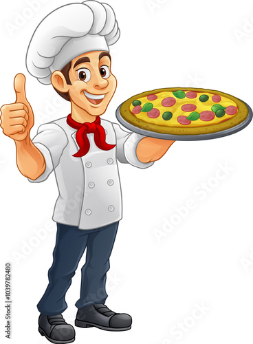 A chef cook holding a pizza cartoon food man mascot character illustration