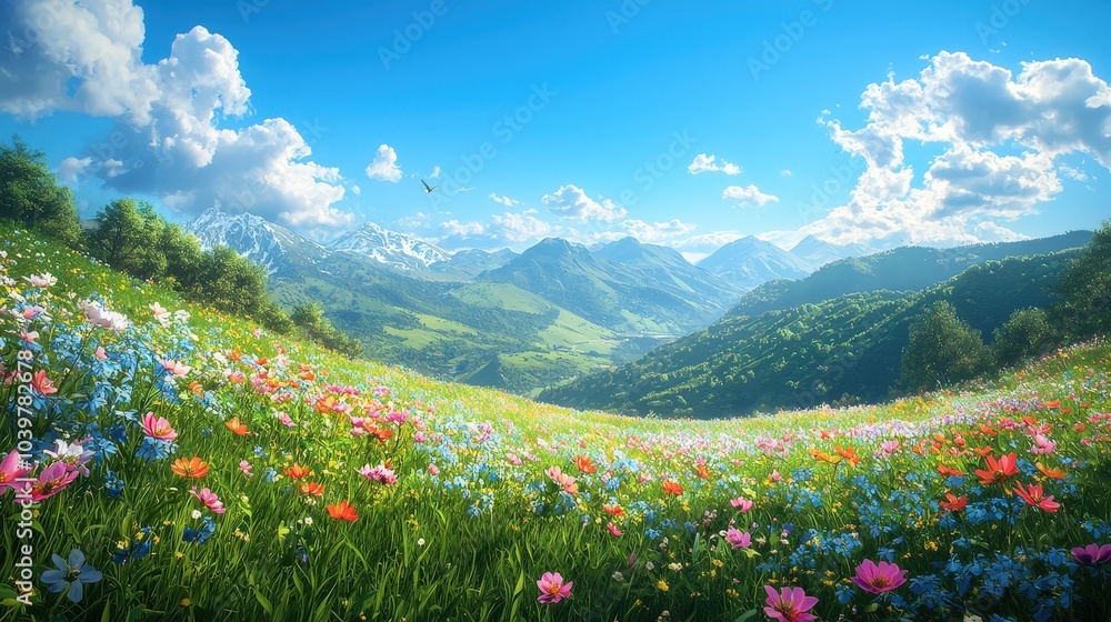 Fototapeta premium Tranquil Mountain Meadow with Wildflowers and Blue Sky