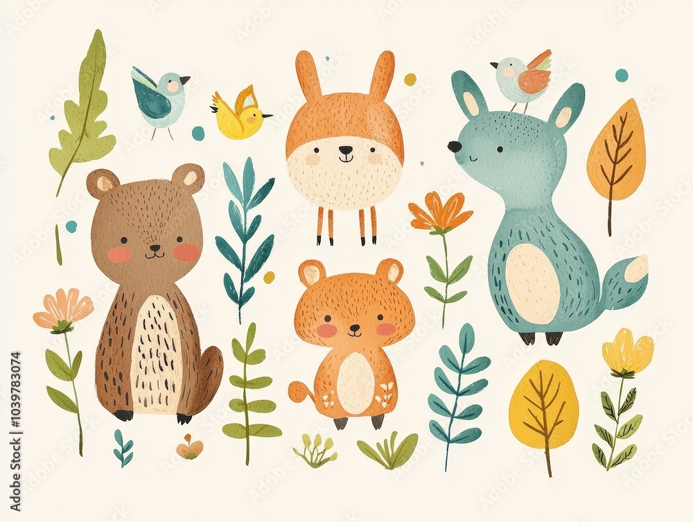 Naklejka premium Cute Woodland Animals Illustration Adorable Forest Creatures Hand Drawn Nursery Decor
