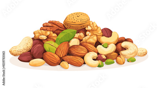 Vector illustration of a pile of different nuts includes cashew, walnuts, macadamia, brazil nut, pecan, hazelnut, peanut, pistachios, nutmeg, pine nuts, almonds