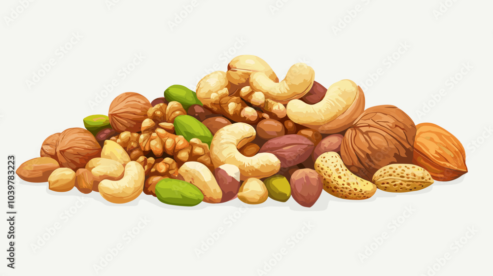 Vector illustration of a pile of different nuts includes cashew, walnuts, macadamia, brazil nut, pecan, hazelnut, peanut, pistachios, nutmeg, pine nuts, almonds Vector illustration of a pile of different nuts includes cashew, walnuts, macadamia, brazil nut, pecan, hazelnut, peanut, pistachios, nutmeg, pine nuts, almonds