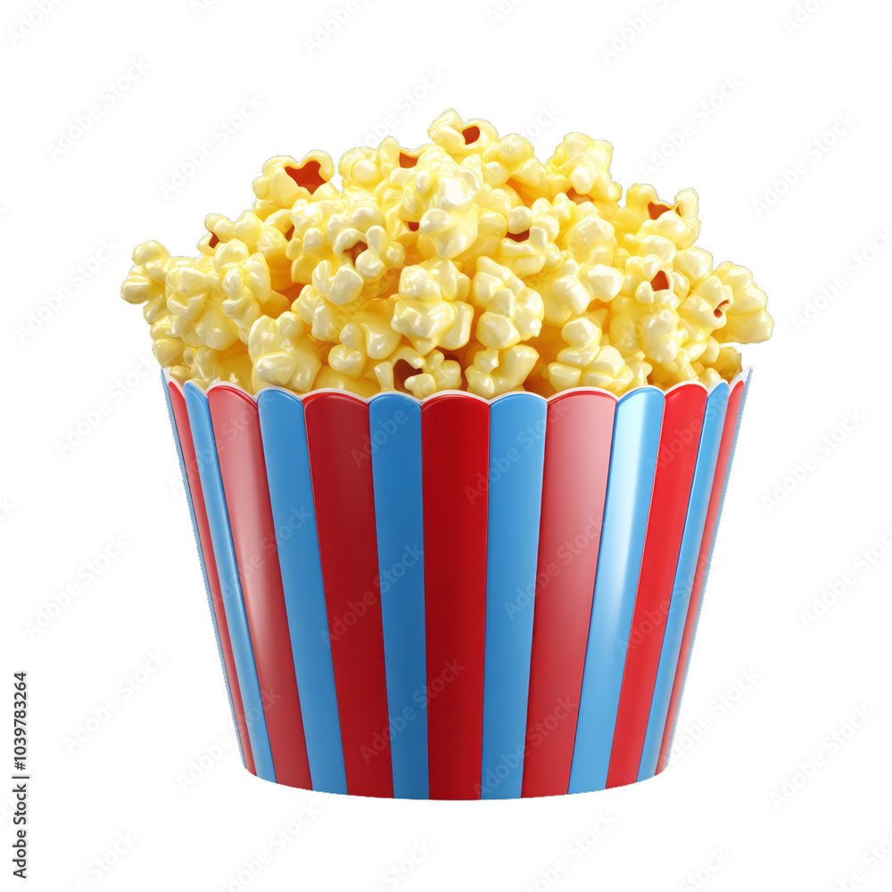 3D popcorn icon in plastic style holographic yellow kernels in a glossy red and blue striped container 3D popcorn icon in plastic style holographic yellow kernels in a glossy red and blue striped container
