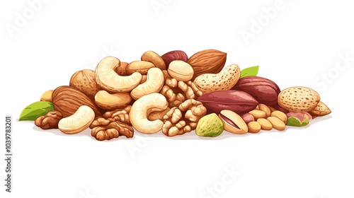 Vector illustration of a pile of different nuts includes cashew, walnuts, macadamia, brazil nut, pecan, hazelnut, peanut, pistachios, nutmeg, pine nuts, almonds
