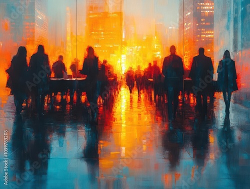 Wallpaper Mural blurred figures in a modern office conference room engage in a meeting, exuding a sense of collaboration and professionalism, with reflections creating a sense of depth in the contemporary workspace Torontodigital.ca