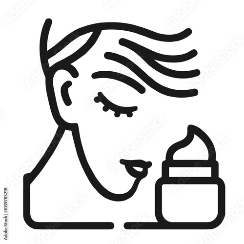 Woman with face cream, skincare and beauty routine icon, wellness clipart, black and white,  PNG