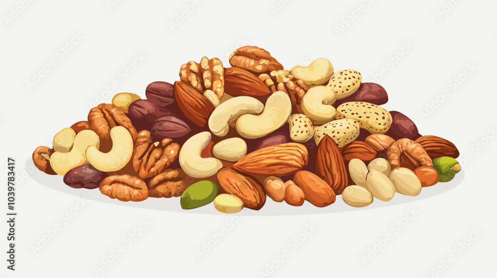 Vector illustration of a pile of different nuts includes cashew, walnuts, macadamia, brazil nut, pecan, hazelnut, peanut, pistachios, nutmeg, pine nuts, almonds Vector illustration of a pile of different nuts includes cashew, walnuts, macadamia, brazil nut, pecan, hazelnut, peanut, pistachios, nutmeg, pine nuts, almonds