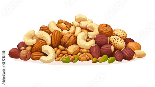 Vector illustration of a pile of different nuts includes cashew, walnuts, macadamia, brazil nut, pecan, hazelnut, peanut, pistachios, nutmeg, pine nuts, almonds