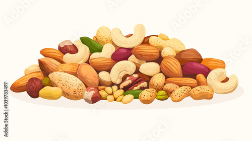 Vector illustration of a pile of different nuts includes cashew, walnuts, macadamia, brazil nut, pecan, hazelnut, peanut, pistachios, nutmeg, pine nuts, almonds