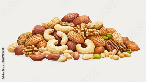 Vector illustration of a pile of different nuts includes cashew, walnuts, macadamia, brazil nut, pecan, hazelnut, peanut, pistachios, nutmeg, pine nuts, almonds