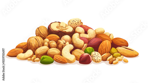 Vector illustration of a pile of different nuts includes cashew, walnuts, macadamia, brazil nut, pecan, hazelnut, peanut, pistachios, nutmeg, pine nuts, almonds