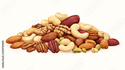 Vector illustration of a pile of different nuts includes cashew, walnuts, macadamia, brazil nut, pecan, hazelnut, peanut, pistachios, nutmeg, pine nuts, almonds