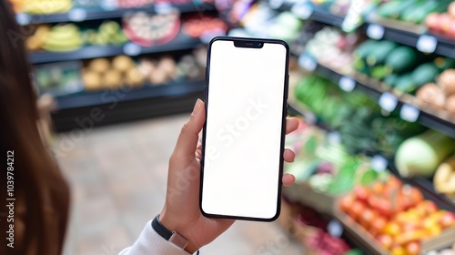 Hand holding smartphone with blank screen in grocery store produce aisle..Mock up. Copy space