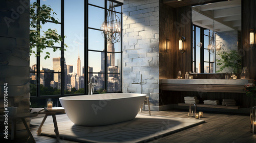 A bathroom with freestanding tub, elegant fixtures, and soft lighting, creating a serene and indulgent retreat.