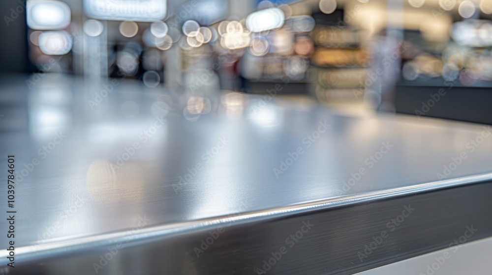 Modern blurred indoor cafe scene with steel tabletop and soft bokeh lighting. Modern blurred indoor cafe scene with steel tabletop and soft bokeh lighting.