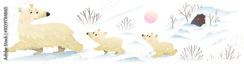 Polar bear mother and her cubs walking isolated clip art. Northern animals in nature elements. Bush, branches, animal den and snowdrifts collection. Isolated vector graphic clipart elements for kids.