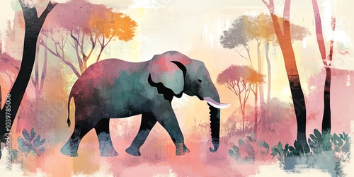 Silhouette of an elephant adorned with intricate patterns standing against a vibrant, floral backdrop.