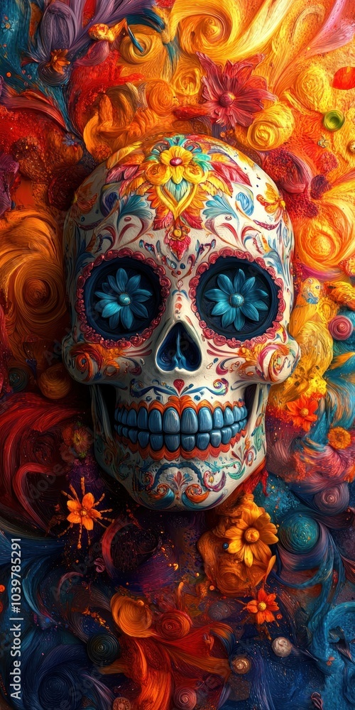 Bold Day of the Dead calavera banner with striking sugar skull and dynamic, colorful background. Bold Day of the Dead calavera banner with striking sugar skull and dynamic, colorful background.