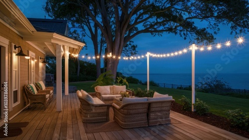 Inviting outdoor living space with cozy seating and charming string lights overlooking the ocean at dusk