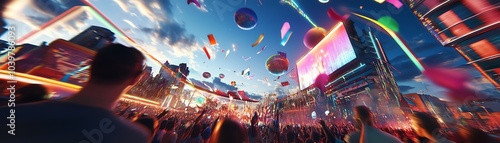 A vibrant street scene with people walking, neon lights, and a colorful sky filled with floating objects.