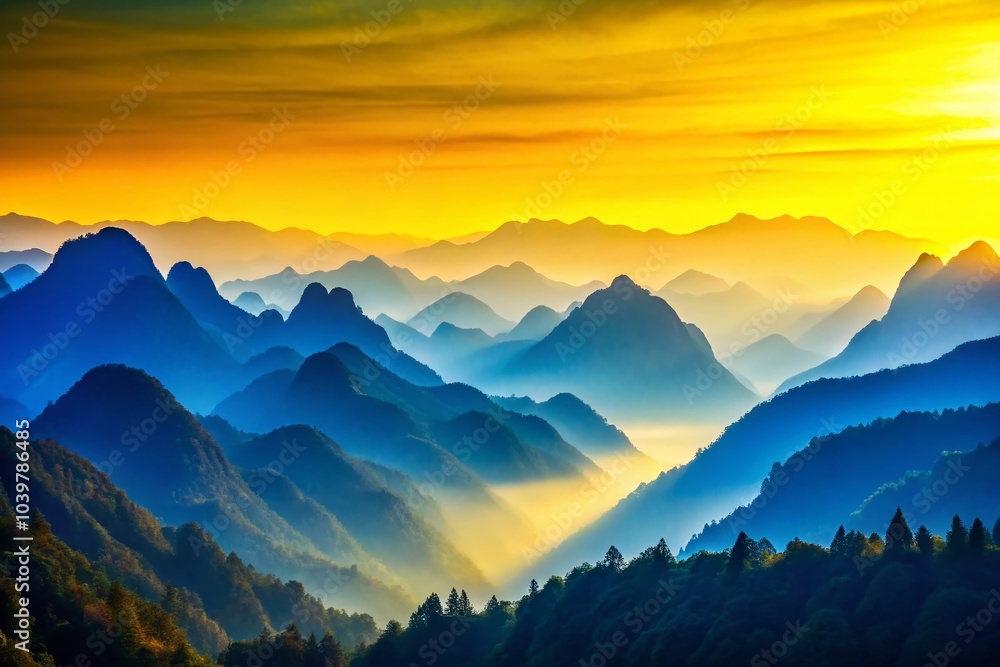 Fototapeta premium Abstract Minimalist Landscape with Blue Mountains and Yellow Valleys for Art and Nature Lovers