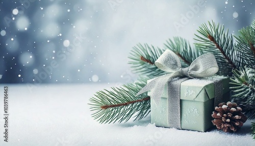 Wallpaper Mural Mint green Christmas present on the background of a magical winter landscape Torontodigital.ca