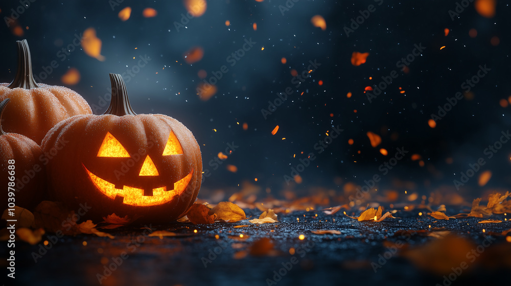 Elegant Halloween banner, copy space, dark black theme with Jack-o'-lantern Elegant Halloween banner, copy space, dark black theme with Jack-o'-lantern