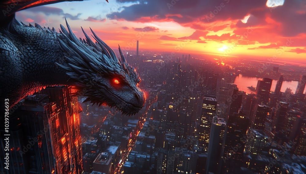 Fototapeta premium Eye-level angle of a majestic dragon perched on a skyscrapers edge
