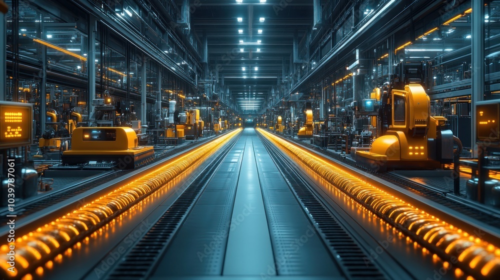 Futuristic industrial scene with automated machinery and conveyor belts. Futuristic industrial scene with automated machinery and conveyor belts.