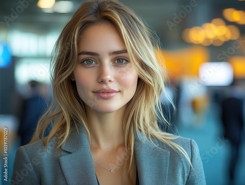 Wallpaper Mural businesswoman in a stylish grey suit attending a conference, looking confidently at the camera, radiating professionalism and enthusiasm in a vibrant convention center setting Torontodigital.ca