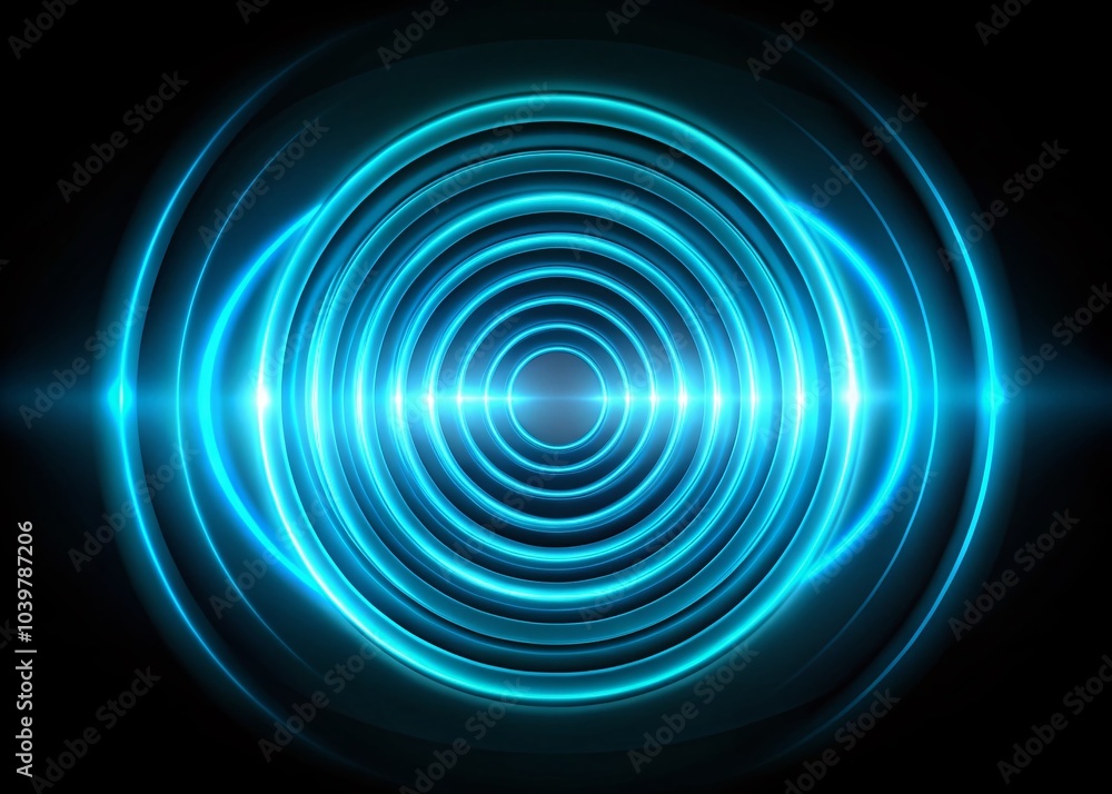Abstract Neon Cyan Circle Radio Waves in a Looping Pattern on Black Background Abstract Neon Cyan Circle Radio Waves in a Looping Pattern on Black Background