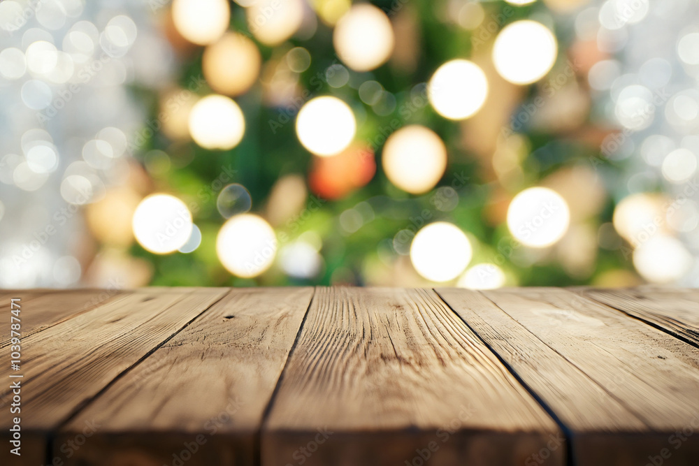 Empty wooden tabletop with blurred christmas tree and bokeh lights background for celebration, eve, party design Empty wooden tabletop with blurred christmas tree and bokeh lights background for celebration, eve, party design