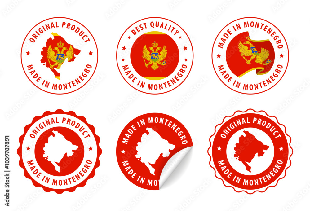 Montenegro - set of stamps and stickers with map and flag. Made in. Best quality. Original product. Vector illustration. Montenegro - set of stamps and stickers with map and flag. Made in. Best quality. Original product. Vector illustration.