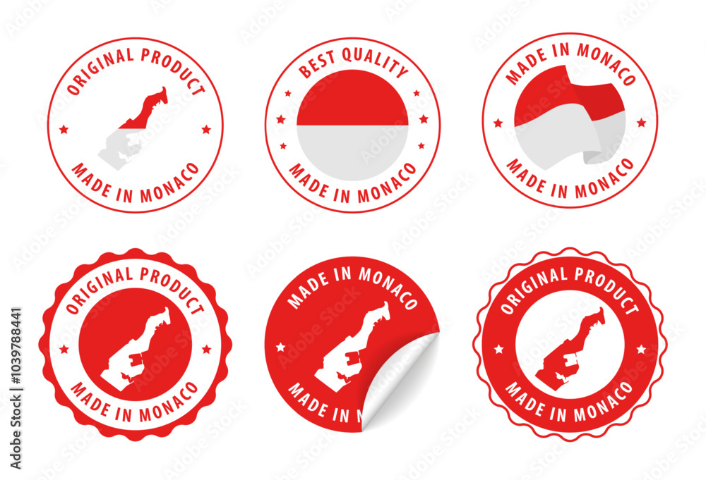 Monaco - set of stamps and stickers with map and flag. Made in. Best quality. Original product. Vector illustration. Monaco - set of stamps and stickers with map and flag. Made in. Best quality. Original product. Vector illustration.