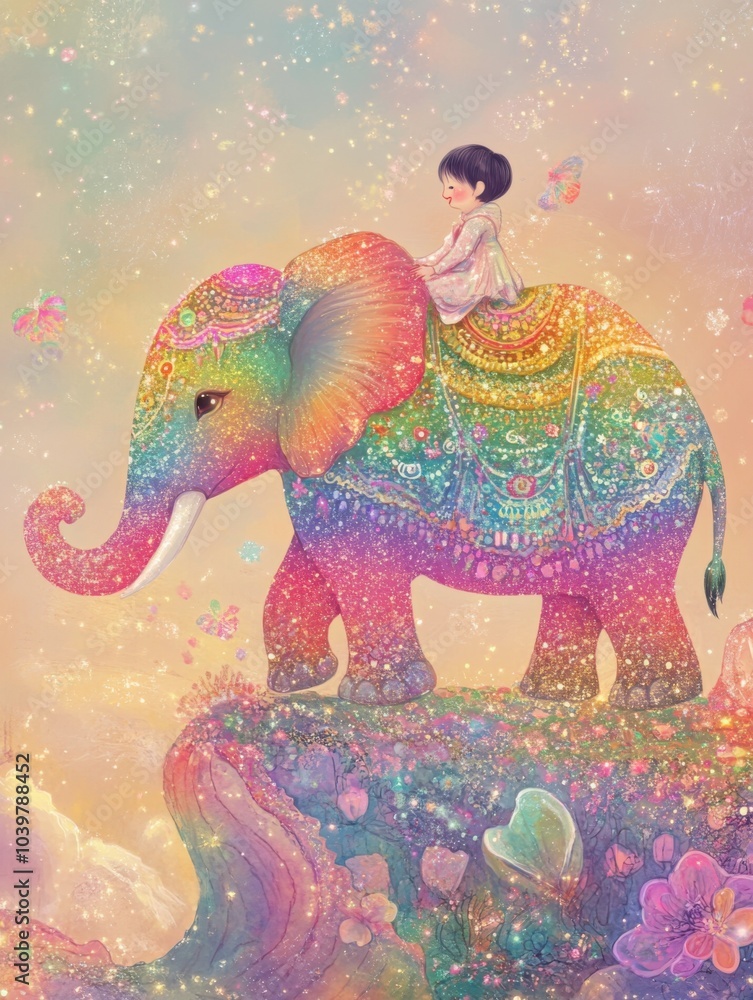 Obraz premium Whimsical Ride: Child and Rainbow Elephant in Chinese Style
