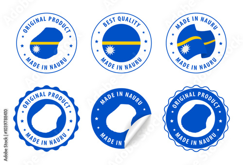 Nauru - set of stamps and stickers with map and flag. Made in. Best quality. Original product. Vector illustration.