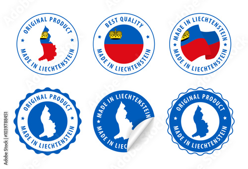 Liechtenstein - set of stamps and stickers with map and flag. Made in. Best quality. Original product. Vector illustration.