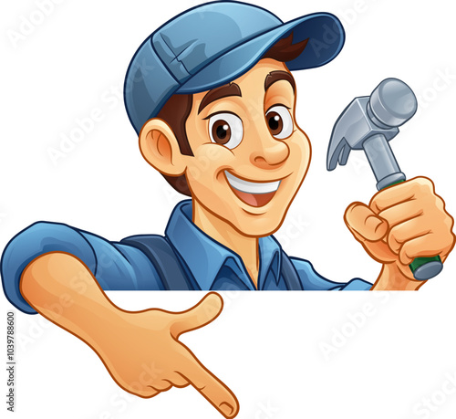 A cartoon mascot man handyman or carpenter holding a hammer tool, peeking around a sign and pointing